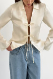 Sexy Solid Color Lace Up Turndown Collar Tops