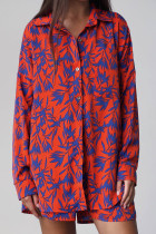 Casual Leaf Print Pocket Contrast Turndown Collar Long Sleeve Two Pieces