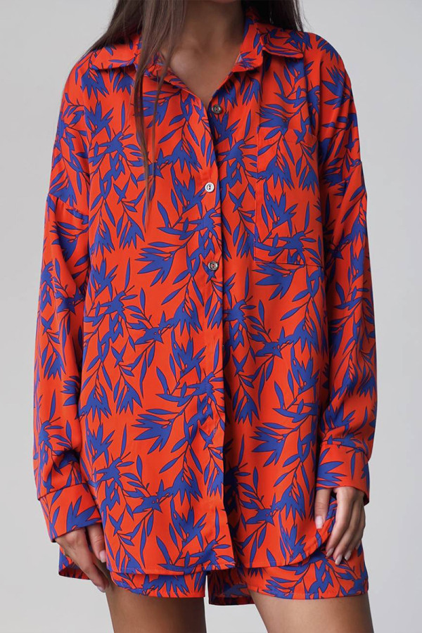 Casual Leaf Print Pocket Contrast Turndown Collar Long Sleeve Two Pieces