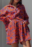 Casual Leaf Print Pocket Contrast Turndown Collar Long Sleeve Two Pieces