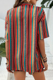 Casual Striped Print Lace Up Contrast Cardigan Collar Short Sleeve Two Pieces