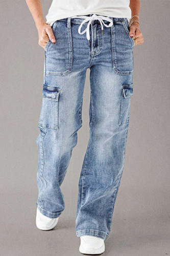 Casual Street Gradient Color Distressed Pocket Lace Up Contrast Loose Denim Jeans