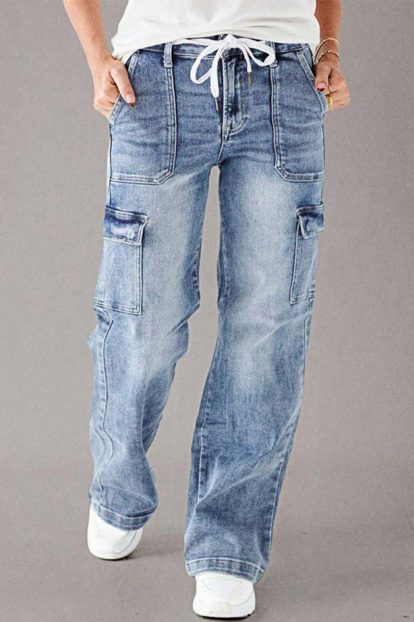 Casual Street Gradient Color Distressed Pocket Lace Up Contrast Loose Denim Jeans