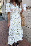 Street Daily Flowers Fruit Print Lace Up V Neck A Line Dresses