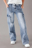 Casual Street Gradient Color Distressed Pocket Lace Up Contrast Loose Denim Jeans