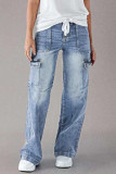 Casual Street Gradient Color Distressed Pocket Lace Up Contrast Loose Denim Jeans
