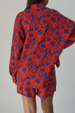 Casual Leaf Print Pocket Contrast Turndown Collar Long Sleeve Two Pieces