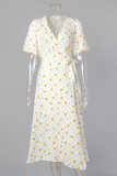 Street Daily Flowers Fruit Print Lace Up V Neck A Line Dresses
