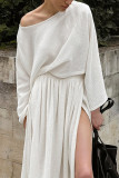 Casual Solid Color Slit Ruched O Neck Long Sleeve Two Pieces