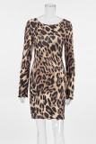 Sexy Leopard Print Lace Up Backless Contrast O Neck Wrapped Skirt Dresses