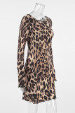 Sexy Leopard Print Lace Up Backless Contrast O Neck Wrapped Skirt Dresses