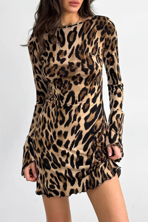 Sexy Leopard Print Lace Up Backless Contrast O Neck Wrapped Skirt Dresses