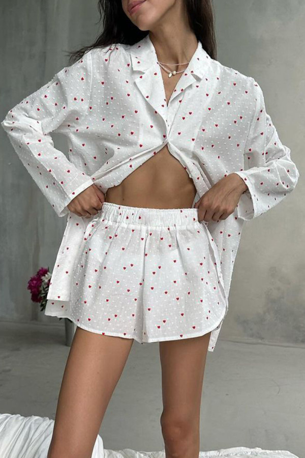 Casual Daily Love Print Buttons Slit Turndown Collar Long Sleeve Two Pieces