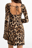 Sexy Leopard Print Lace Up Backless Contrast O Neck Wrapped Skirt Dresses