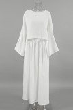 Casual Solid Color Slit Ruched O Neck Long Sleeve Two Pieces