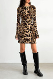 Sexy Leopard Print Lace Up Backless Contrast O Neck Wrapped Skirt Dresses