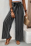 Casual Stripe Pocket Lace Up Contrast Loose High Waist Straight Full Print Bottoms