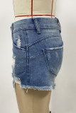Casual Daily Solid Color Ripped Without Belt High Waist Loose Denim Shorts(No Belt)