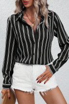 Casual Stripe Buttons Contrast Turndown Collar Tops