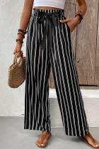 Casual Stripe Pocket Lace Up Contrast Loose High Waist Straight Full Print Bottoms