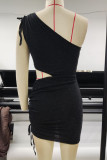 Sexy Solid Color Hollow Out Lace Up Sloping Shoulder Irregular Dresses