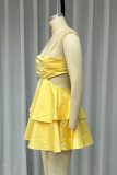 Sexy Solid Color Backless Ruffle Ruched Square Neck Sling Dresses