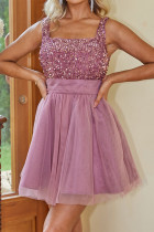 Sexy Solid Color Sequins Mesh Square Neck Evening Dresses