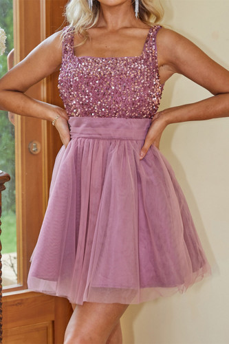 Sexy Solid Color Sequins Mesh Square Neck Evening Dresses