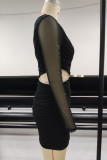 Sexy Solid Color Hollow Out See-Through Sloping Shoulder Wrapped Skirt Dresses