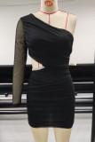Sexy Solid Color Hollow Out See-Through Sloping Shoulder Wrapped Skirt Dresses