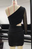 Sexy Solid Color Hollow Out See-Through Sloping Shoulder Wrapped Skirt Dresses