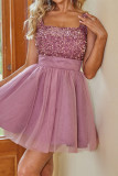 Sexy Solid Color Sequins Mesh Square Neck Evening Dresses