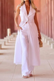 Casual Daily Solid Color Pocket Slit Turndown Collar Sleeveless Two Pieces
