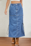Casual Solid Color Draw String Pocket High Waist Loose Denim Skirts