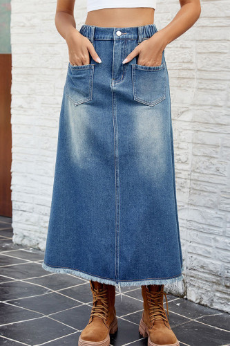 Casual Street Gradient Color Pocket Contrast High Waist Loose Denim Skirts