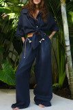 Casual Daily Solid Color Buttons Turndown Collar Long Sleeve Two Pieces