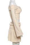 Sexy Solid Color Ruffle Ruched Off Shoulder Long Sleeve Two Pieces