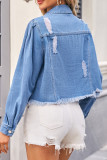 Casual Street Solid Color Ripped Buttons Turndown Collar Long Sleeve Loose Denim Jacket