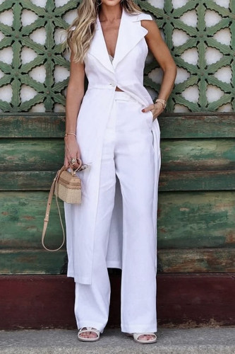 Casual Daily Solid Color Pocket Slit Turndown Collar Sleeveless Two Pieces