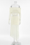 Sexy Solid Color Lace See-Through Off Shoulder Long Sleeve Two Pieces(No Belt)