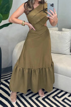 Elegant Solid Color Hollow Out Ruffle Pleated Sloping Shoulder Pleated Dresses