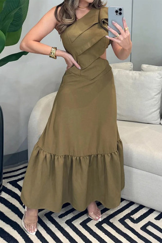 Elegant Solid Color Hollow Out Ruffle Pleated Sloping Shoulder Pleated Dresses