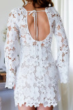 Sexy Hook Flower Hollow Out Backless Flowers O Neck Long Sleeve Dresses
