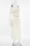 Sexy Solid Color Lace See-Through Off Shoulder Long Sleeve Two Pieces(No Belt)