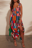 Casual Vacation Colorblock Pocket Lace Up Contrast Square Neck Sling Dresses