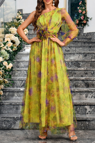 Sexy Gradient Color Contrast Flower Shape Sloping Shoulder Evening Dresses