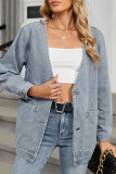 Casual Daily Solid Color Pocket Buttons V Neck Long Sleeve Loose Denim Jacket