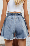 Casual Daily Solid Color Ripped Pocket Buttons High Waist Loose Denim Shorts