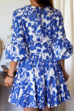 Elegant Floral Print Lace Up Pleated V Neck A Line Dresses