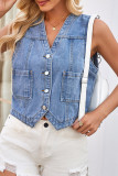 Casual Street Solid Color Pocket Buttons V Neck Tops